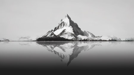 Black and white image of Mount Fitz Roy reflected in the water.の素材