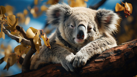 Koala bear sleeping on eucalyptus branch in autumn forestの素材