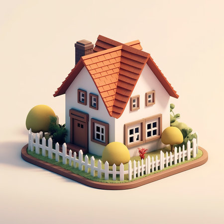 House with a fence and an egg. 3d illustration. Isometric view.の素材