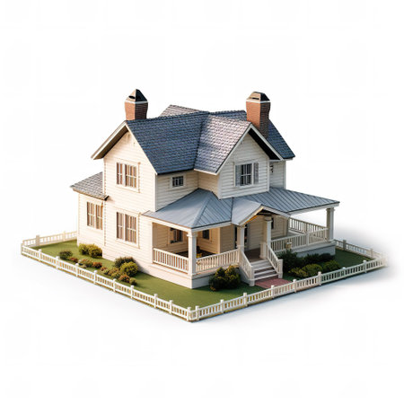House with chimney isolated on white background. 3D illustration.の素材