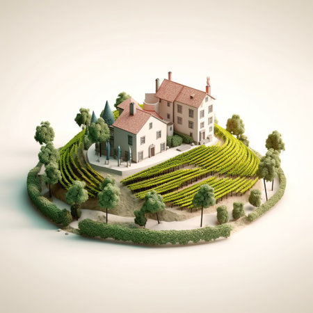 Miniature house with garden and green trees. 3D illustration.の素材