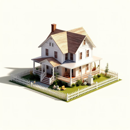 House with a roof made of wood. 3D illustration. Isometric view.の素材