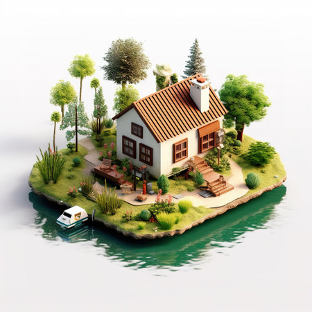 House on the island in the water. 3d illustration. Isometric view.の素材