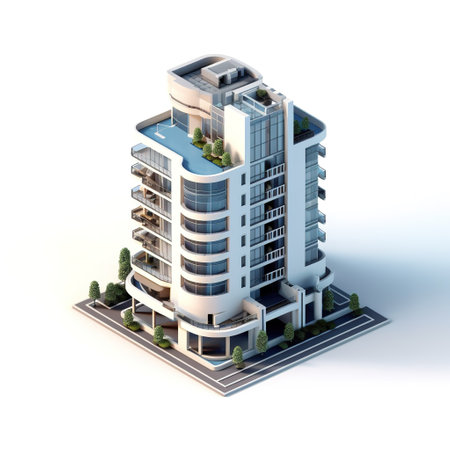 3d render of modern building in isometric projection on white backgroundの素材
