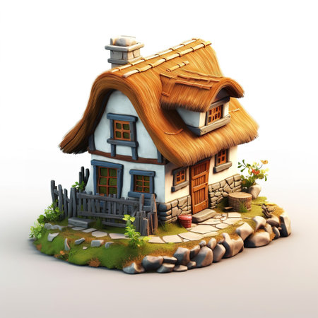 3D render of a fantasy house with a roof made of grassの素材