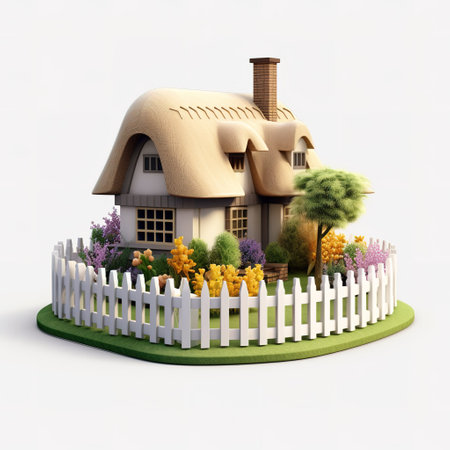 3d illustration of a country house with wooden fence and flowerbedの素材