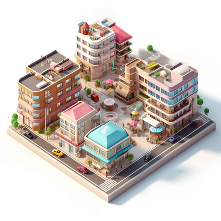 3D isometric city building concept on white background. 3D illustration.の素材