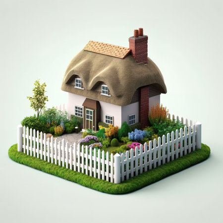 House with thatched roof in the garden 3d render on gray backgroundの素材