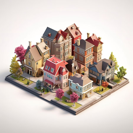 Modern city isometric concept with houses and trees 3d render on gray backgroundの素材