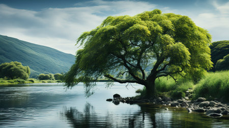 beautiful landscape image of a tree on the shore of a lakeの素材