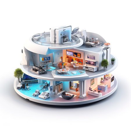 3d illustration of modern office interior with furniture and tv on white backgroundの素材