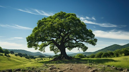 old big tree in the meadow with blue sky and white cloudsの素材