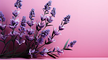 Lavender flowers on pink background. 3d render illustration.の素材