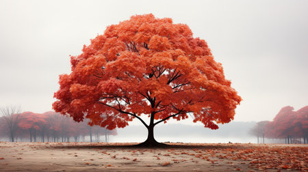Autumn tree in the foggy park. Fall season concept.の素材