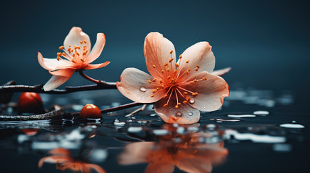 cherry blossom on a dark background with water drops, close upの素材