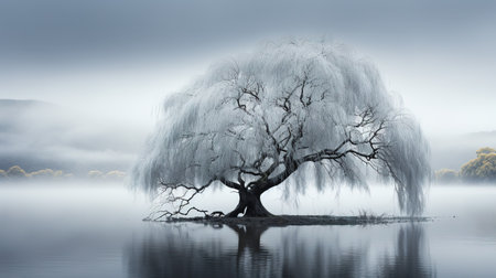 Infrared photo â lake, tree and fog in the morning.の素材