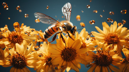 Bee flying on yellow flowers with water drops on dark blue background.の素材