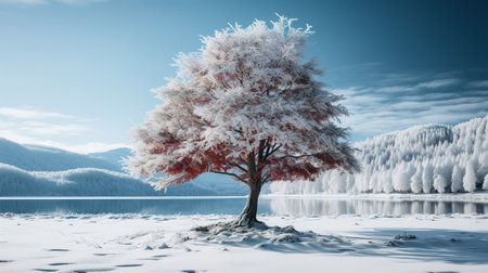Frozen tree on the lake in winter. 3d illustration.の素材