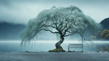 Lonely tree on the lake with bench in foggy dayの素材