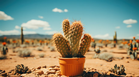 Cactus in the desert with blue sky. Vintage style toned pictureの素材