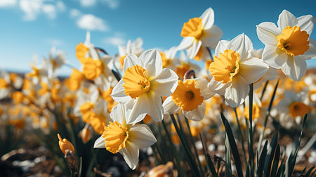 Daffodils in the field. Daffodil flowers in springの素材