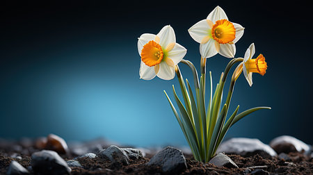 Narcissus flower growing out of soil on a dark backgroundの素材