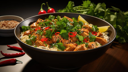 Bowl of rice noodles with chicken and vegetables on a black backgroundの素材