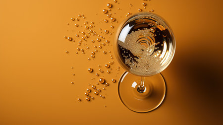 Glass of white wine with bubbles on orange background. 3d illustrationの素材