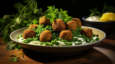 Falafel with green peas and parsley on a wooden tableの素材