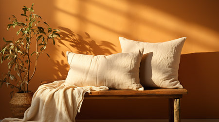 Comfortable pillows on wooden bench near orange wall. Interior designの素材