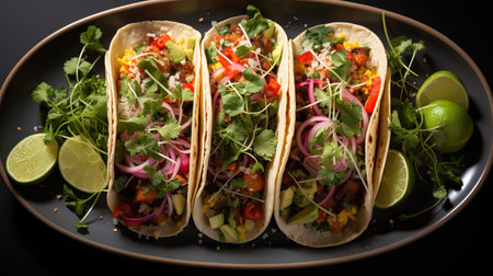 Tacos with salsa and guacamole on black backgroundの素材
