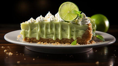 Lime cake with whipped cream and lime on a wooden table.の素材