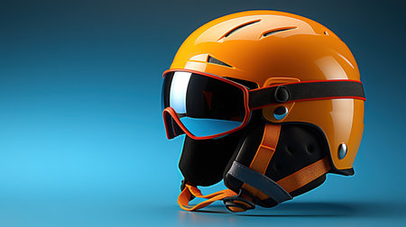 Orange hockey helmet with visor on blue background. 3d illustrationの素材
