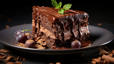 Piece of chocolate cake with chocolate glaze and mint on a dark backgroundの素材