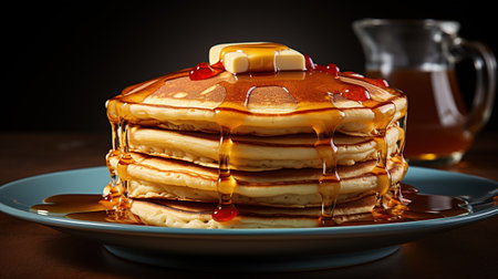 Pancakes with maple syrup and honey on a dark background.の素材