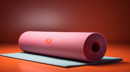 Yoga mat and a tablet on a orange background. 3d renderingの素材
