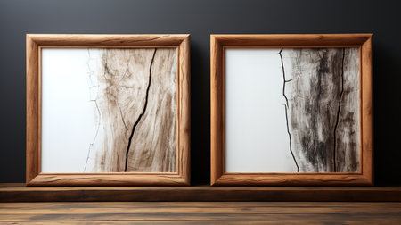 Wooden picture frames on black wall. 3d render illustration.の素材
