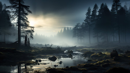 Foggy landscape with a river and trees in the foreground.の素材