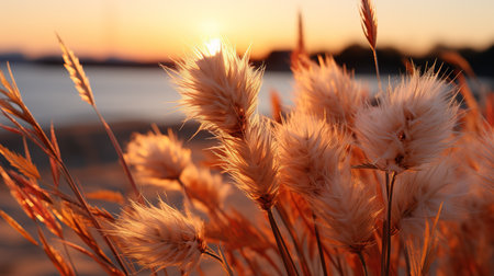 beautiful sunset over the sea with reed grass in the foregroundの素材