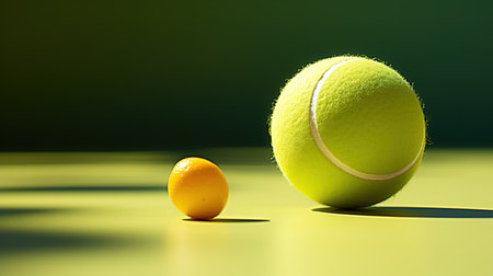 Tennis ball and tennis ball on a green background with copy spaceの素材