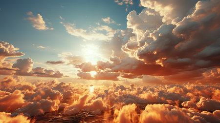 Beautiful sunset above the clouds. Dramatic sky. 3d renderの素材