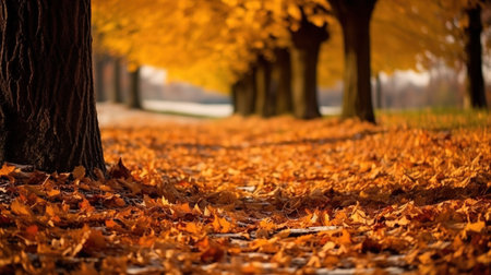 Beautiful autumn park with trees and fallen leaves on the ground.の素材
