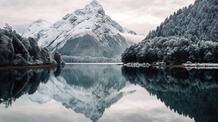 Reflection of the snow-covered mountain and lake in the waterの素材