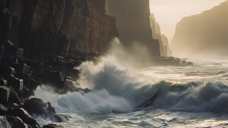 Beautiful seascape with big waves crashing against the rocks and cliffs.の素材