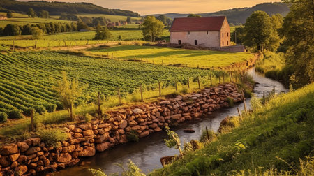 Landscape with vineyard and barn in the foreground, Czech Republicの素材