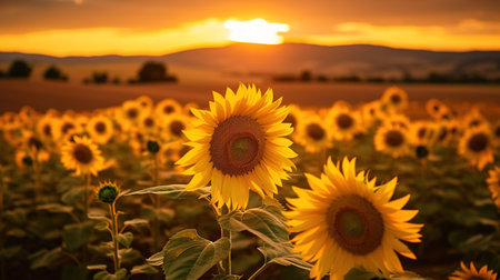 Sunflower field at sunset. Beautiful summer landscape with sunflowers.の素材