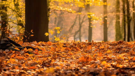 Autumn forest with yellow leaves on the ground and trees in the backgroundの素材