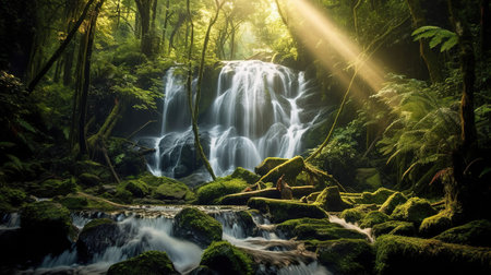 beautiful waterfall in the rainforest with sun rays and green mossの素材