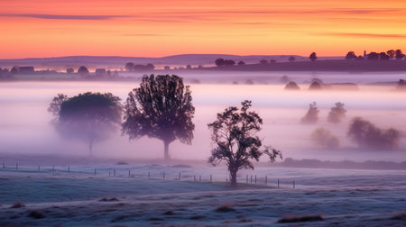 Foggy morning in the countryside with trees and fields in the foregroundの素材