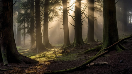 Mysterious forest with fog and sunbeams on the groundの素材